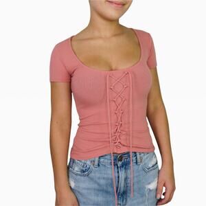 Aero Pink Ribbed Knit Corset Lace Up Top XS